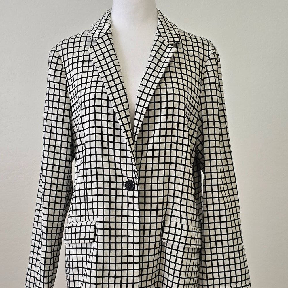 Adrianna Papell Grid Blazer Coat Women’s Large Black White Tailored Jacket